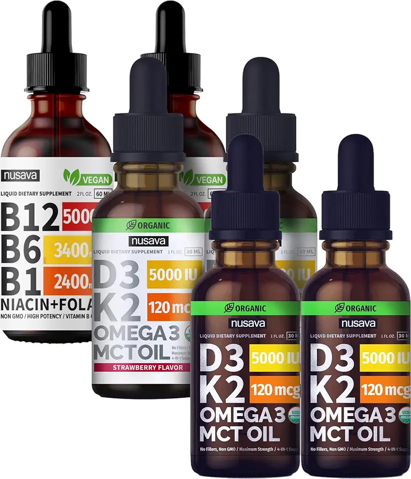 NUSAVA Unflavored D3 K2, Strawberry Flavored D3 K2, & Vitamin B12 Liquid Drops Bundle - Potent Liquid Vitamins for Heart, Joint, Energy