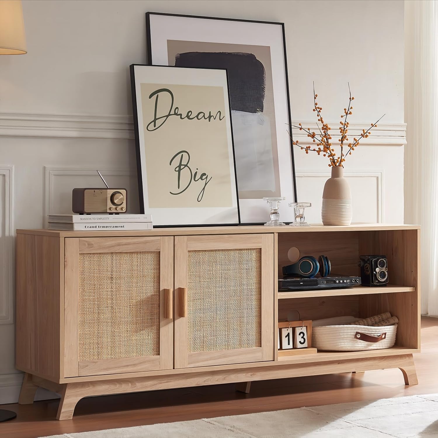Okvnbjk TV Stand for 65 Inch TV, Rattan TV Console with Storage, Entertainment Center with Natural Rattan Doors & Adjustable Shelf