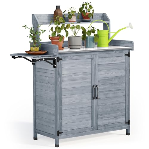 YITAHOME Solid Wood Potting Bench Table with Folding Pallet and Metal Tabletop, Outdoor Storage Cabinet Planting Table Garden Work Bench for Garden