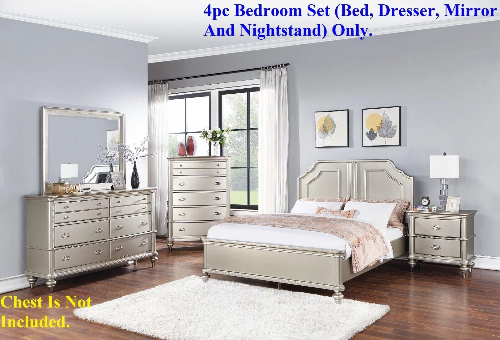 Classic Elegant 4pc Bedroom Set Satin Finished Silver Eastern King Size Bed Dresser Mirror Nightstand Furniture