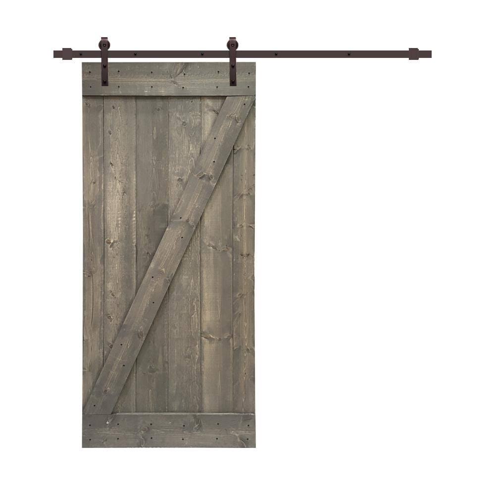 CALHOME Distressed Z Series 36 in. x 84 in. Weather Gray Stained Solid Pine Wood Interior Sliding Barn Door with Hardware Kit