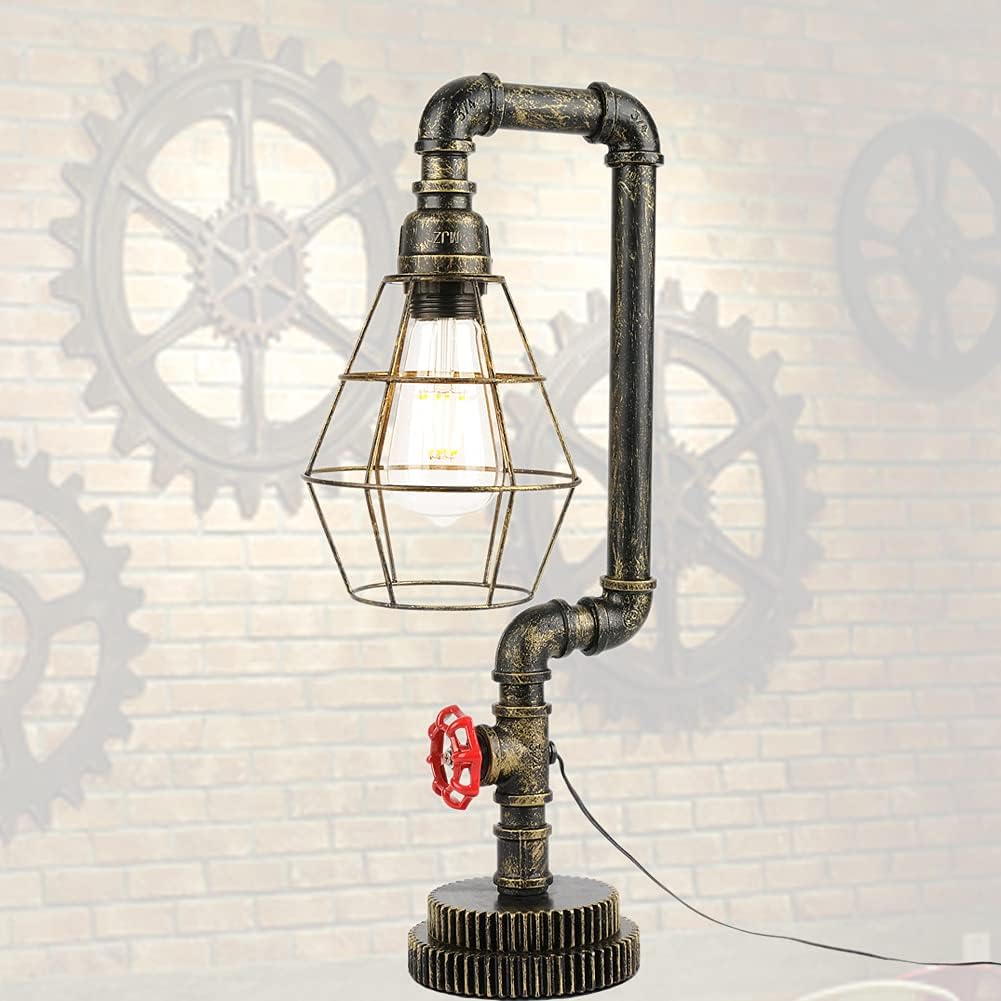 EFAYCRR Steampunk Table Lamp, Gear Wheel Base Desk Lamp Vintage Industrial Water Pipe Light for Bedside Table Nightstand Bar Restaurant Cafe