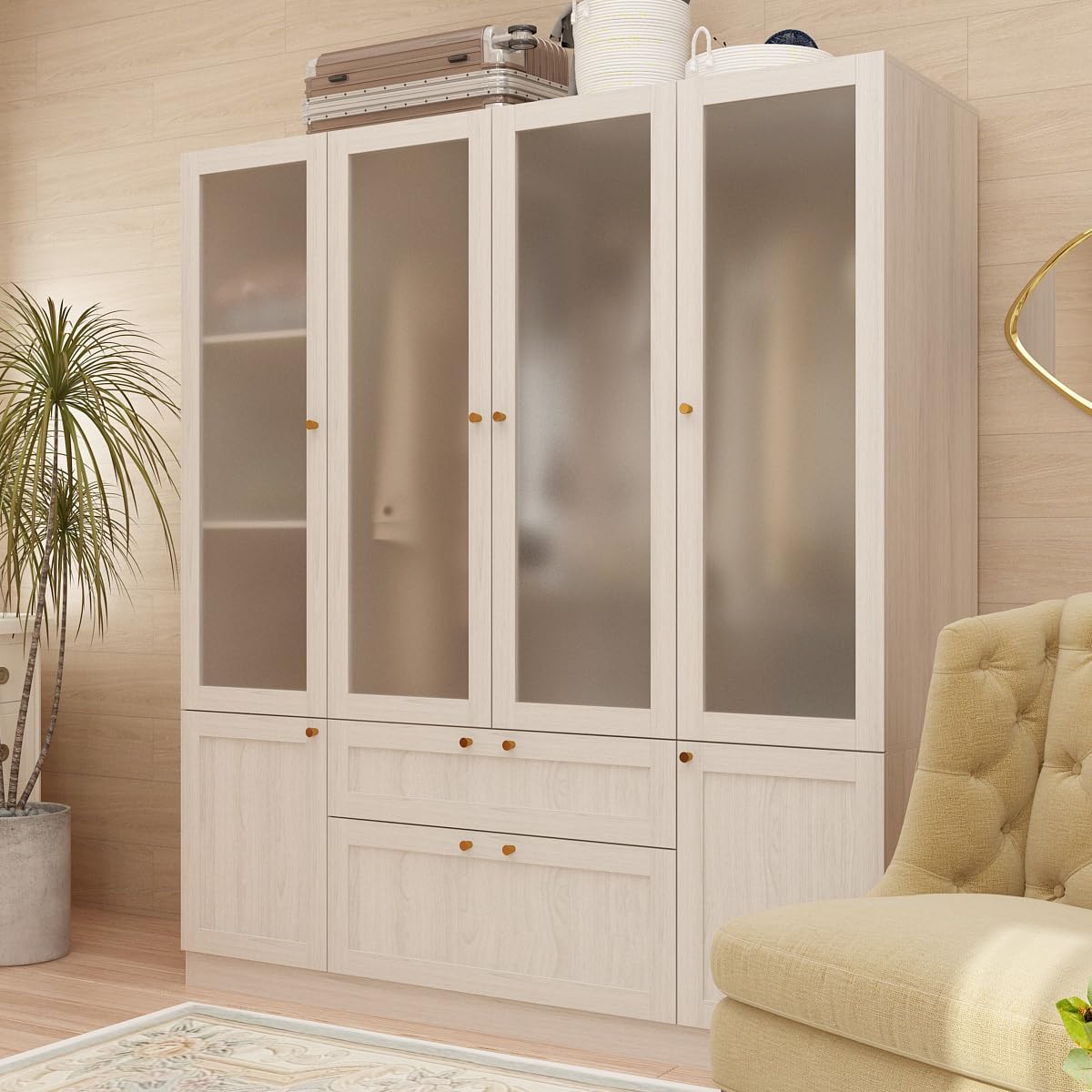 Homsee Armoire Wardrobe Closet with 4 Frosted Glass Doors, Hanging Bars, Shelves & Drawers, Wooden Closet Storage Cabinet for Bedroom