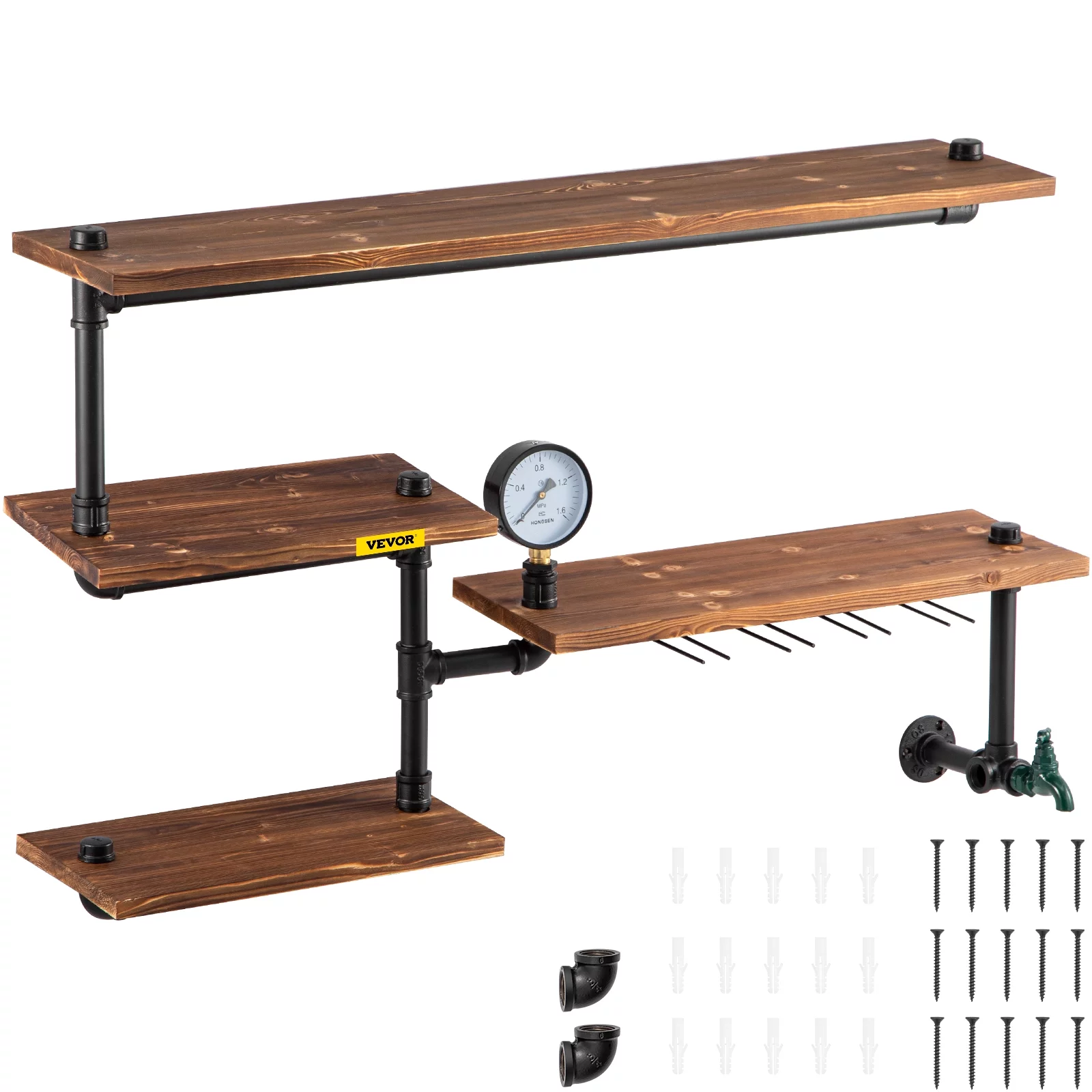 VEVOR Pipe Shelf, Industrial Steel Pipes Shelving w/ 4-Tier Solid Wood Planks, Modern Rustic Floating Shelves Wall Mounted