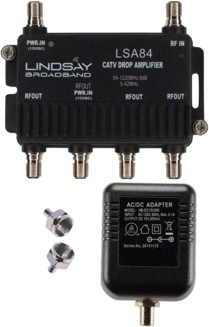4-Port Cable TV/Antenna/HDTV/Internet Digital Signal Amplifier/Booster/Splitter with Passive Return, F59 Terminators (Lindsay LSA84)