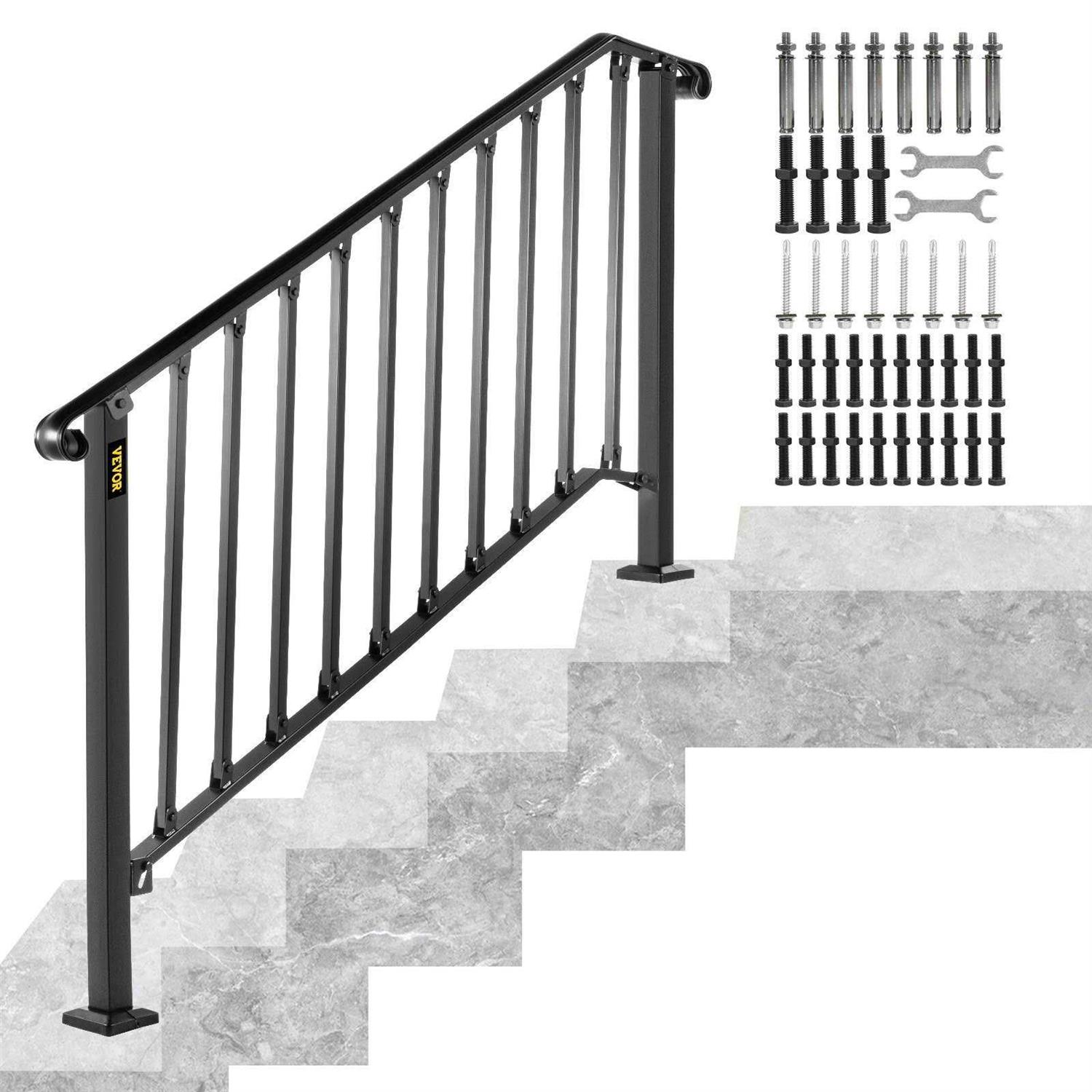 VEVOR Handrail Picket #4 Fits 4 or 5 Steps Matte Black Stair Rail Wrought Iron Handrail with Installation Kit Hand Rails for Outdoor Steps