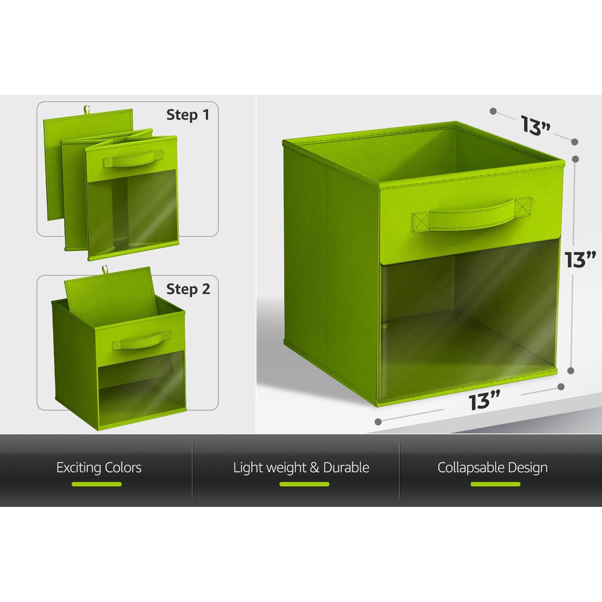 13 Inch Foldable Storage Bins with  Window - 6 Fabric Baskets for Organizing Clothes, Toys, Books