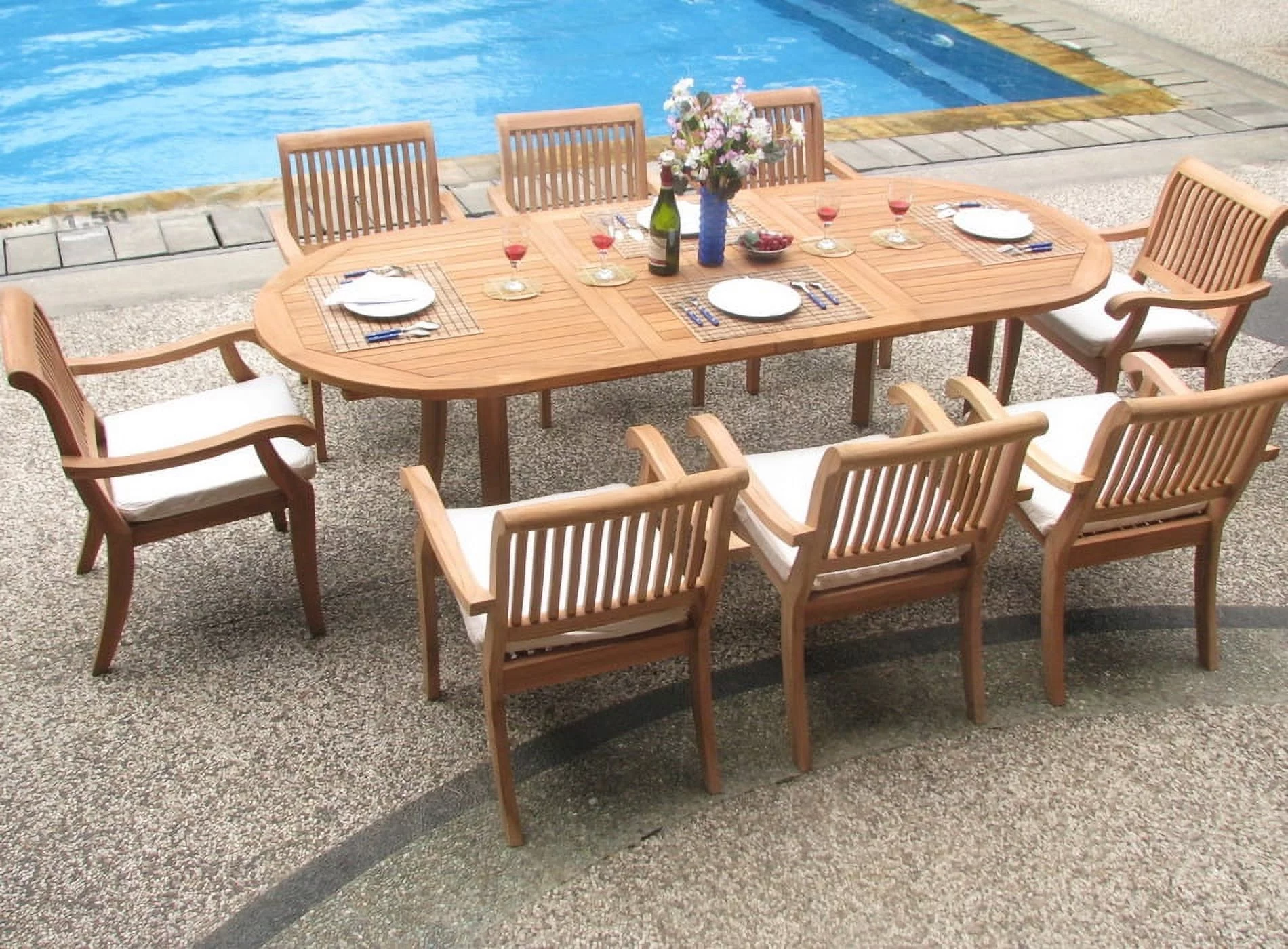 Teak Dining Set:8 Seater 9 Pc - 94" Oval Table and 8 Stacking Arbor Arm Chairs Outdoor Patio Grade-A Teak Wood WholesaleTeak #WMDSABg