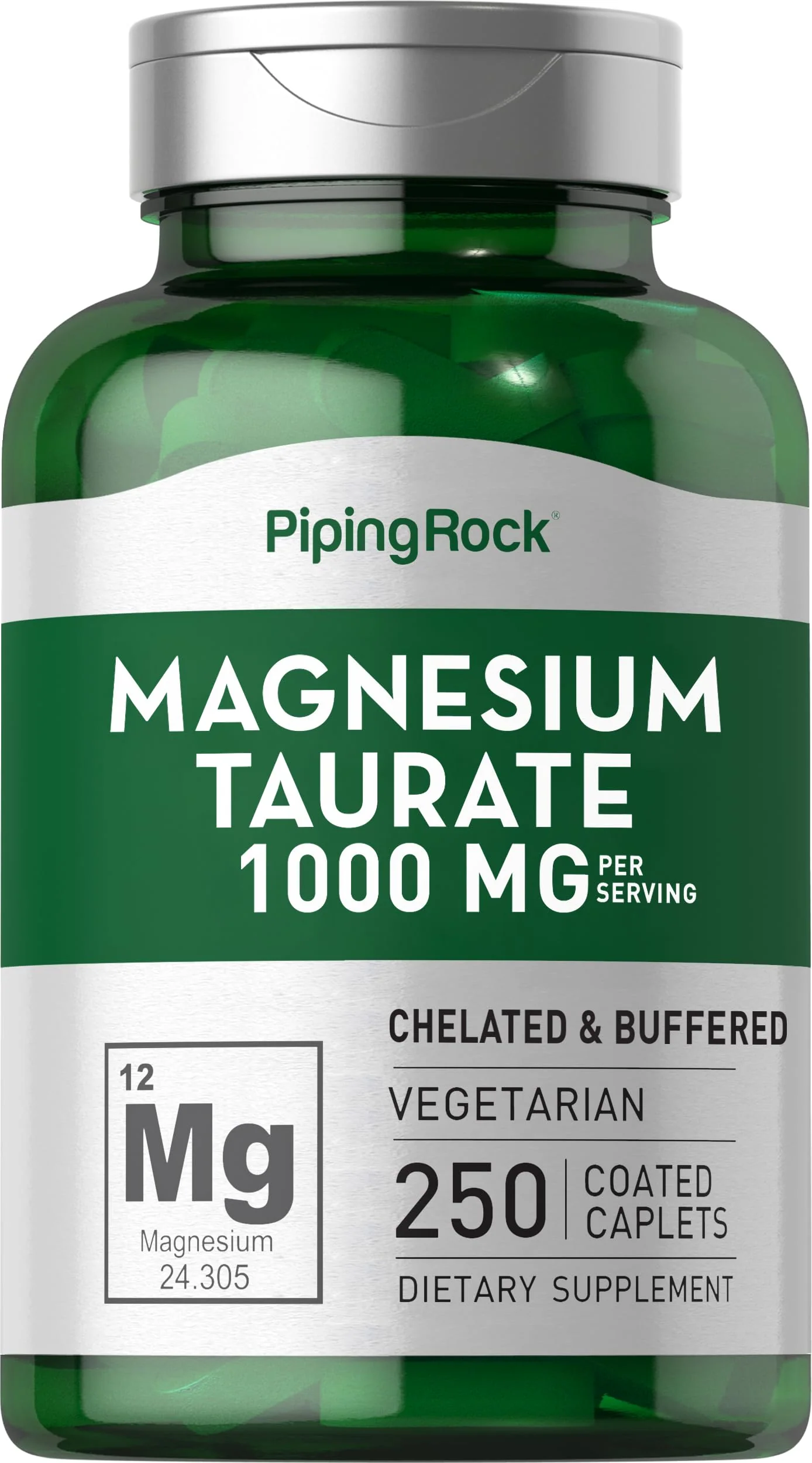 Magnesium Taurate | 1000mg | 250 Caplets | Chelated and Buffered | Vegetarian, Non-GMO, Gluten Free Supplement | by Piping Rock - Kansas Nuitrition