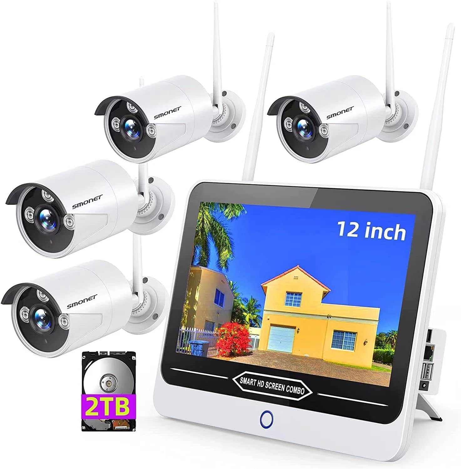 Wireless Security Camera System with 12” Monitor 2TB Hard Drive,Clearer Than 960P,SMONET 8 Channel Home CCTV Surveillance NVR Systems