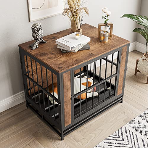 Dog Crate Furniture, Metal and Wooden Dog Crate, Dog Kennels with 3 Doors Indoor, Pet Puppy Crate End Table for Small/Medium/Large Dog