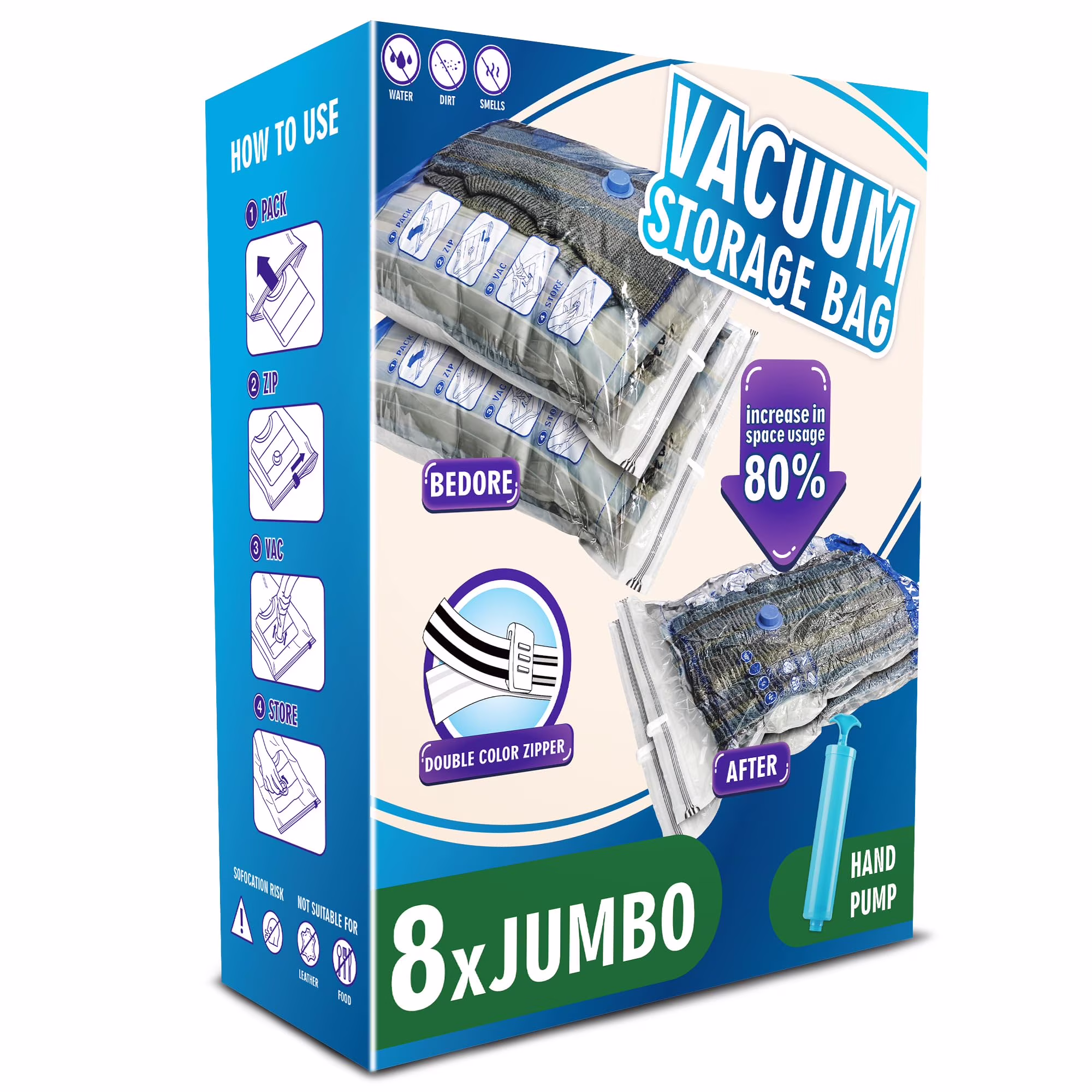 Jumbo Vacuum Storage Bags 8 Pack, Extra Large Space Saver Bags for Clothes Blankets Comforters, Thick PA;PE Material, Triple Seal Valve