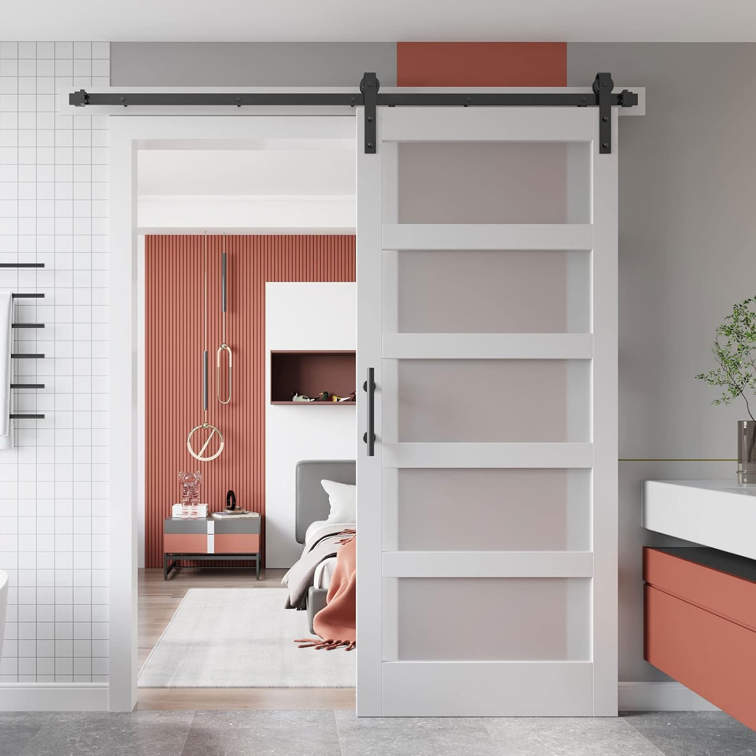 EaseLife 36in x 84in Glass Barn Door with 6.6FT Sliding Door Hardware Kit Included & Handle,Solid MDF Inside Covered with Water-Proof PVC Surface