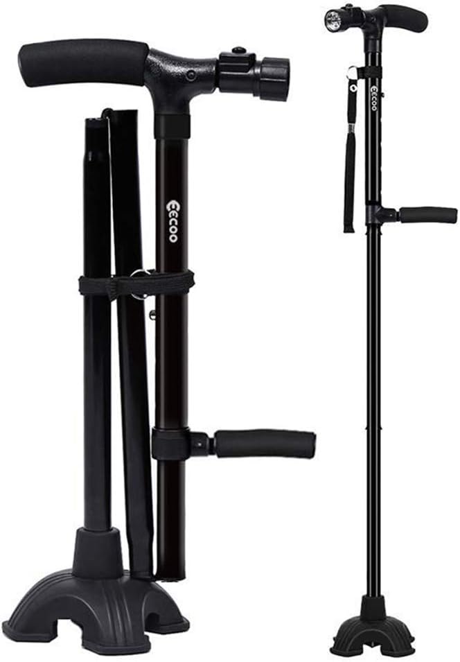Medical Convenient Two-Handle Walking Cane Lightweight Walking Stick with Adjustable LED Lights and Stable Quad Cane Base Pack of 2