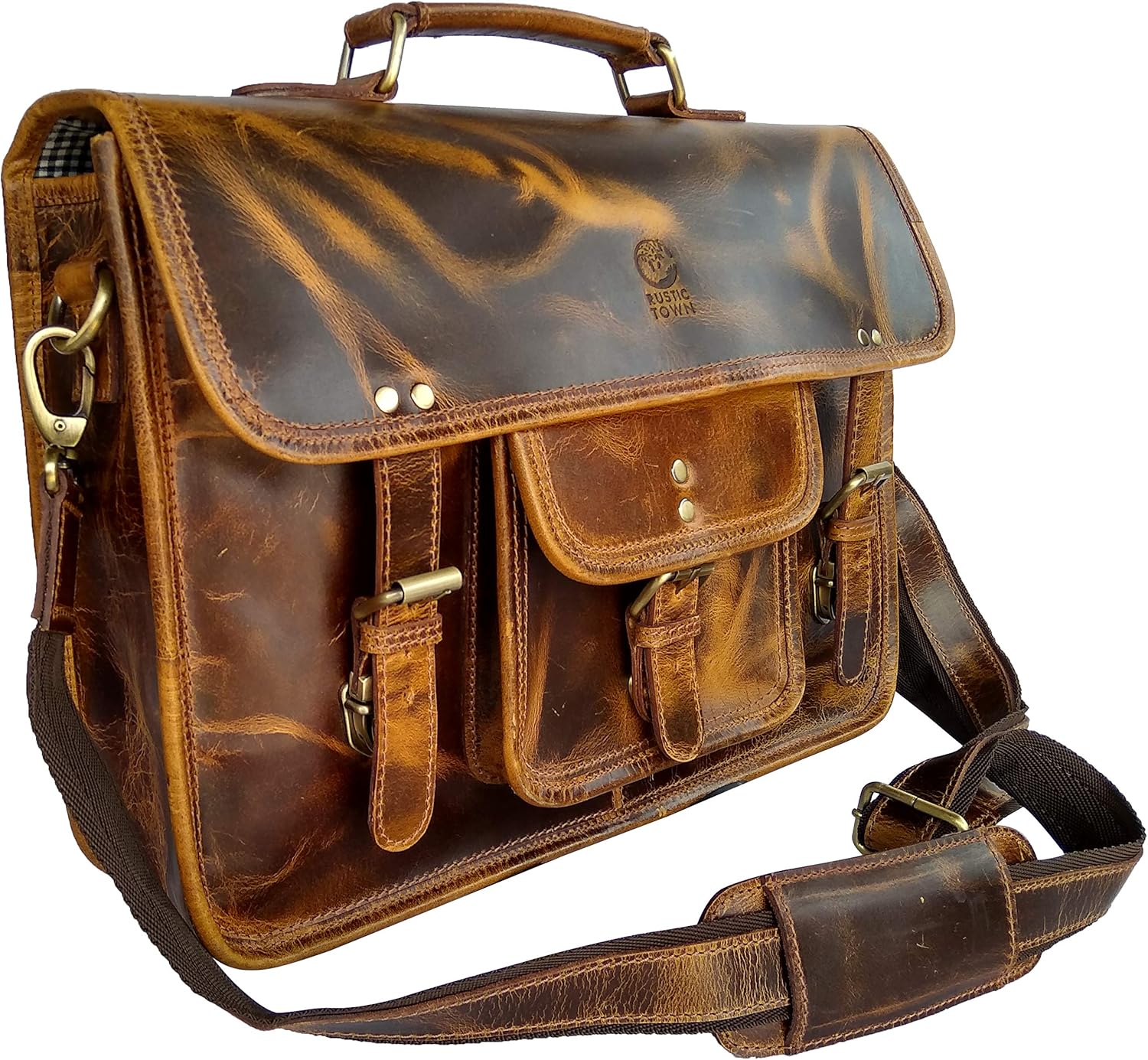 Leather Messenger Bag for Men - Top Grain Leather Briefcase Laptop Satchel Office Crossbody Travel Bag by Rustic Town (16 Inch, Brown)