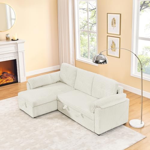 Corduroy Tufted Upholstered Sleeper Sectional Sofa, L-Shaped Modular Convertible Sofa with Storage Chaise, Futon Couch with Pullout Bed
