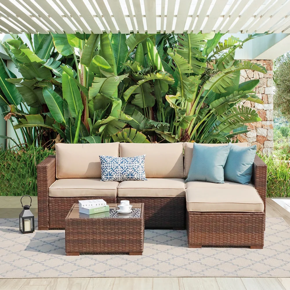 Patiorama 5-Piece Patio Furniture Set, Outdoor Sectional Conversation Set, All-Weather Brown PE Wicker with Beige Cushions