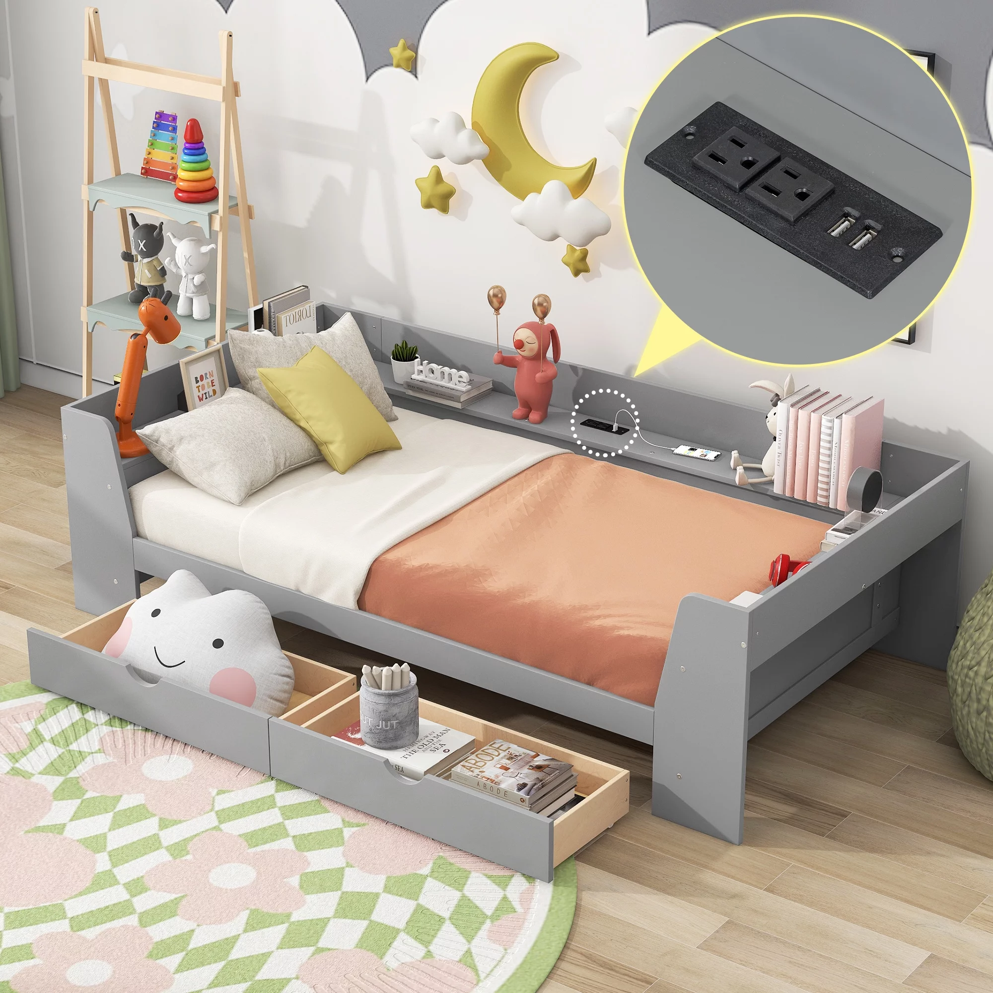 Euroco Twin Size Daybed with Shelf, Drawers and Charging Station, Gray