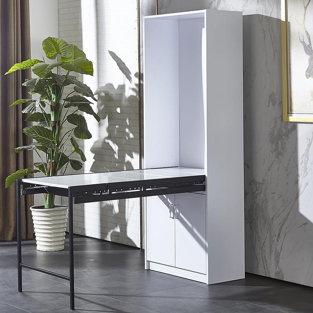 Large Fold-Out Convertible Writing Table, Wall Mounted Space Saving Fold Up Convertible Table with 4-Tier Storage Shelf