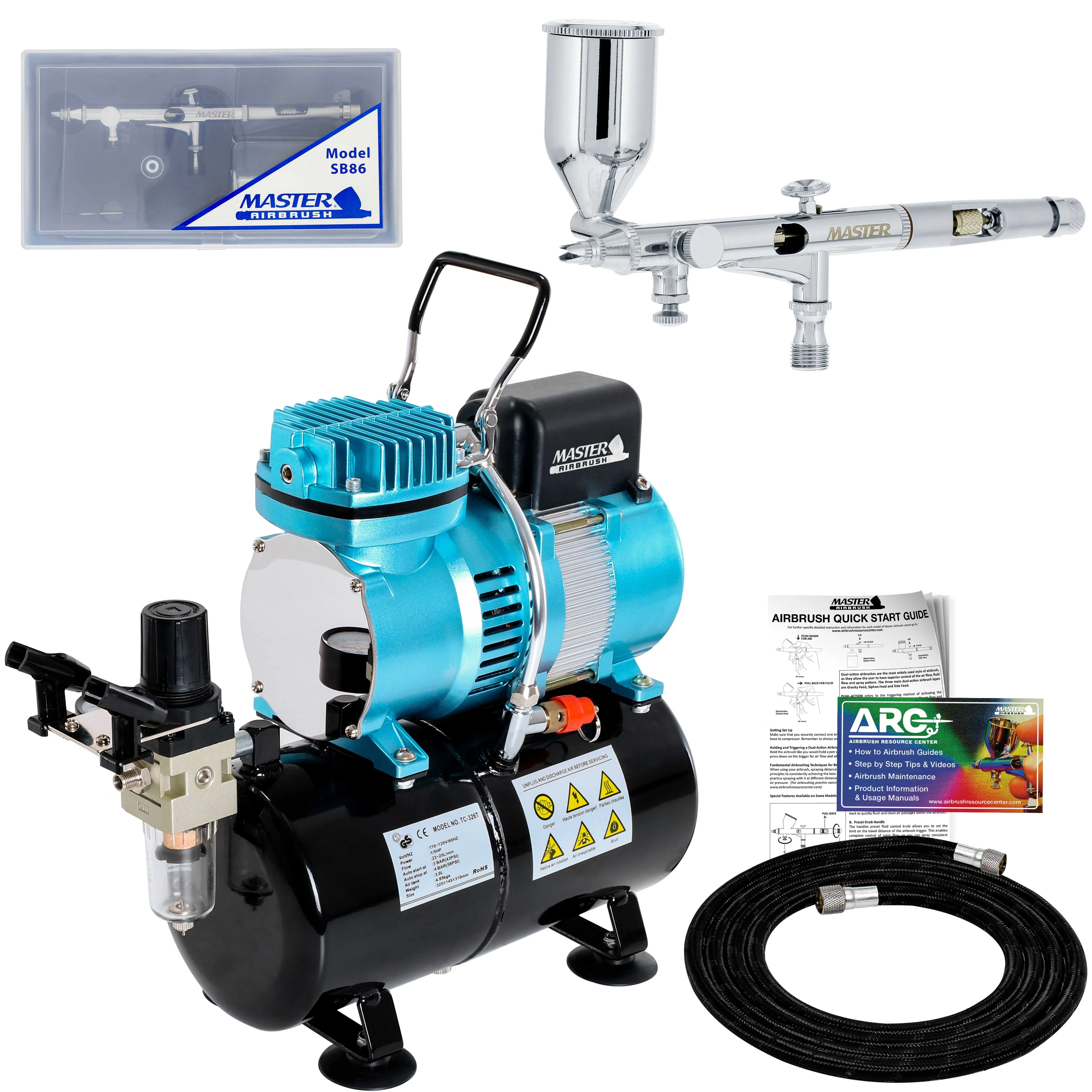Master SB86 Precision Detail Control Dual-Action Side Feed Gravity Airbrush Set, Dual Fan Air Tank Compressor, 0.2mm Tip