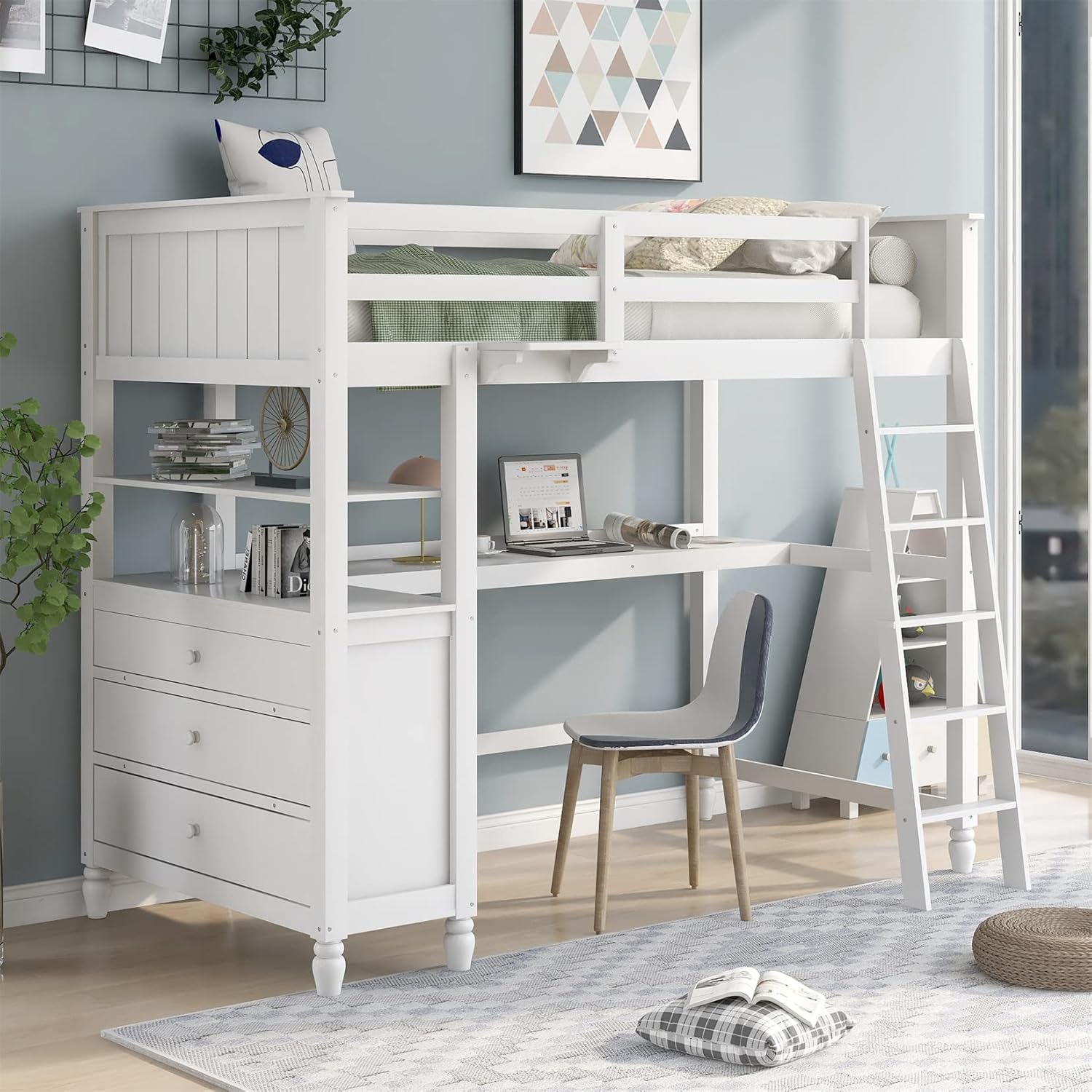Twin Loft Bed with Desk and Storage Drawers Wood High Loft Beds Frame Kids Boys Girls Teens, White