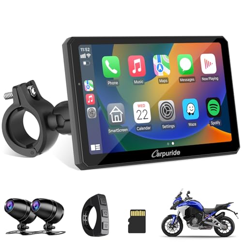 Carpuride W712D Motorcycle Carplay Screen with HD 1080 Dual Dash Cam, Wireless Car Play and Android Auto