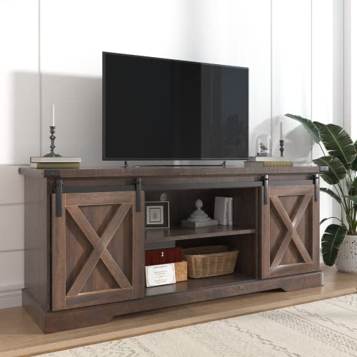 St.Mandyu Farmhouse TV Stand for TVs up to 65 inch, Wood Entertainment Center with Sliding Barn Doors