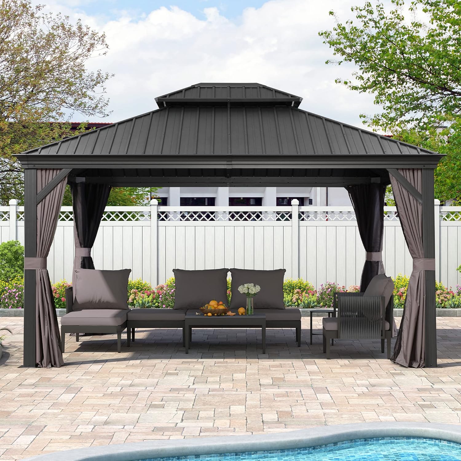 PURPLE LEAF 12' X 14' Hardtop Gazebo Aluminum Permanent Outdoor Gazebo with Galvanized Steel Double Roof for Patio Backyard Curtains and Netting