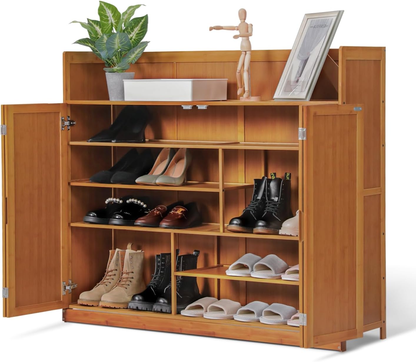 Magshion 5 Tier Bamboo Shoe Cabinet with Doors, Free Standing Shoe Shelf Organizer w/High Baffle