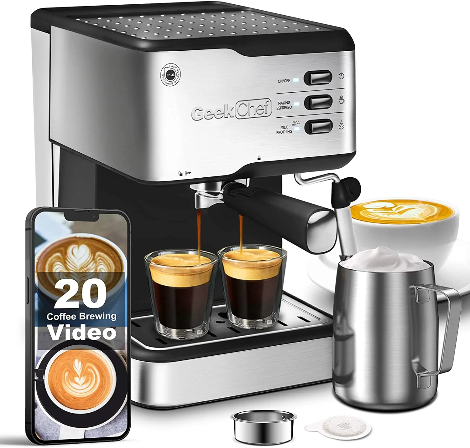 Geek Chef Espresso Machine 20 Bar, Cappuccino latte Maker Coffee Machine with ESE POD capsules filter&Milk Frother Steam Wand, 1.5L Water Tank