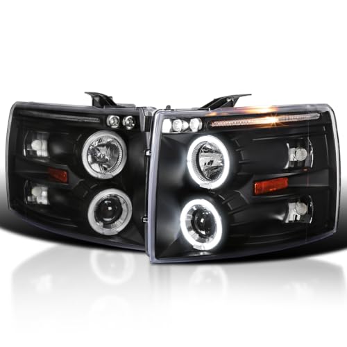 SPEC-D TUNING LED + Halo Jet Black Housing Clear Lens Projector Headlights Compatible with 2007-2013 Chevy Silverado 1500