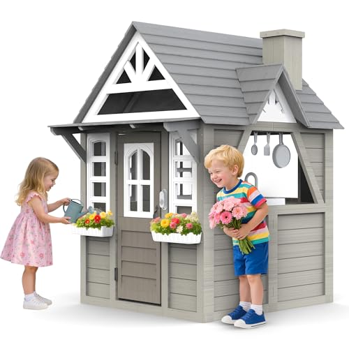Kids Playhouse Outdoor,Wooden Play House Playset for Kids, Large, Sturdy, Realistic Design with Kitchen, Doorbell, Flower Pot, Stove, Sink & Clock