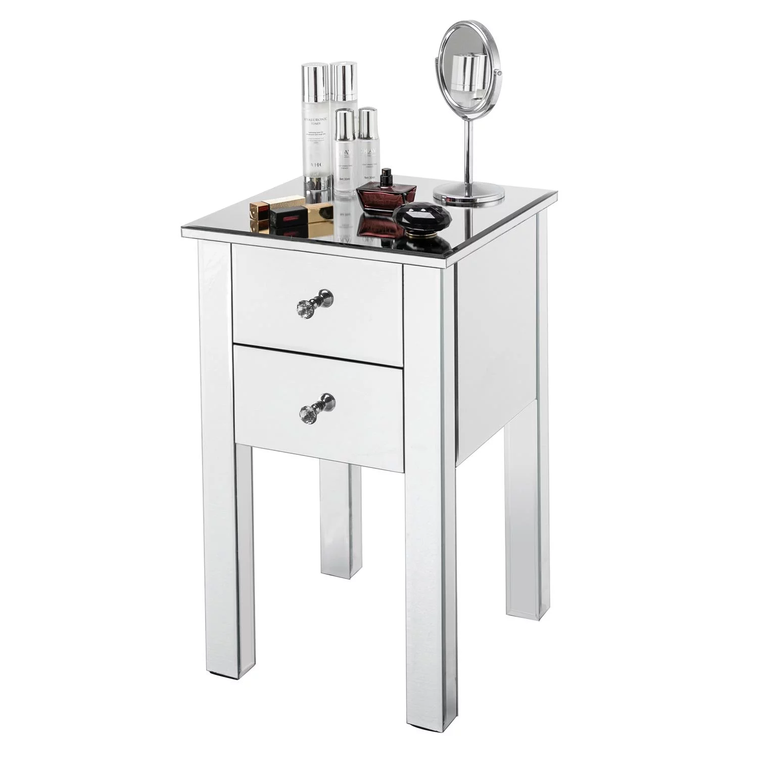 GoDecor Mirrored Nightstand Bedside Table Silver,Accent End Table Glass Furniture for Bedroom,Living Room,Sliver