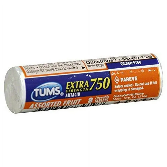 Tums Extra Strength Assorted Fruit Flavor Chewable Tablets, 8 Count Per Roll, 12 Rolls Per Case (6 Cases) - Kansas Nuitrition - HNZSDS