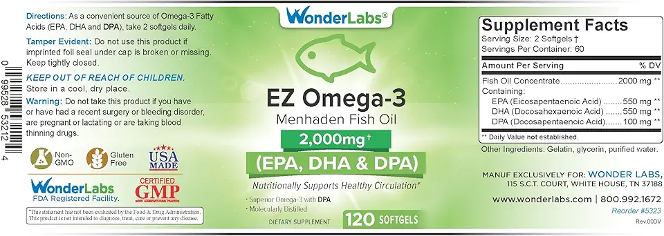 EZ Omega-3 Atlantic Menhaden Fish Oil Supplement 2000 mg, Burpless, Made in The USA, Perfect Balance of EPA+ DHA + DPA 120 Softgels