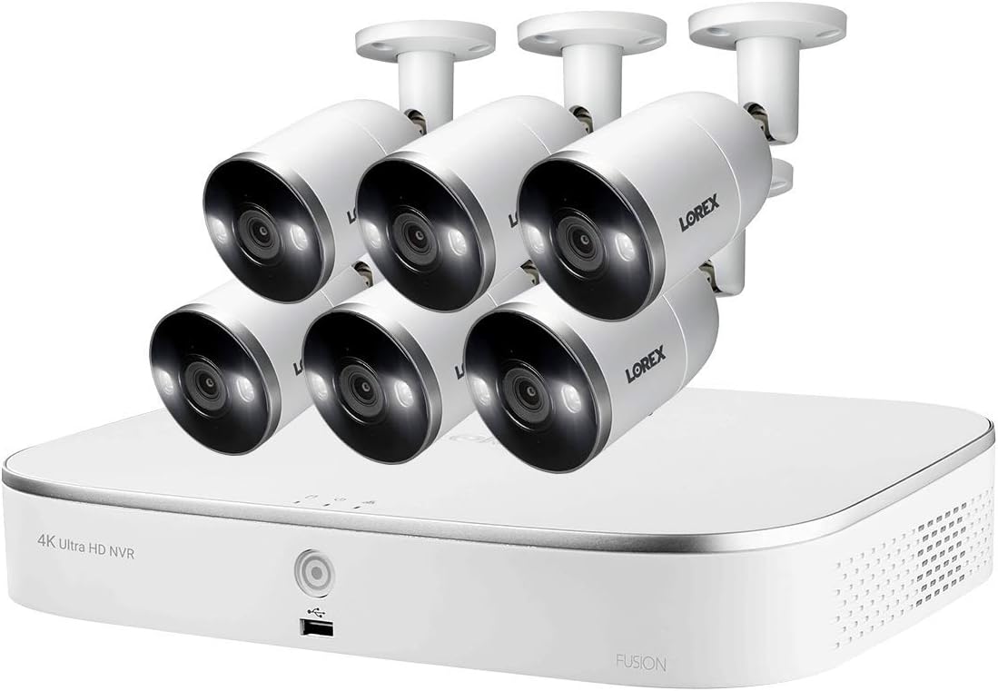 Lorex 4K Ultra HD IP 8-Channel NVR System with 6 Smart Deterrence 4K 8MP IP Cameras, 150FT Night Vision, 3TB Hard Drive, Fusion Capabilities