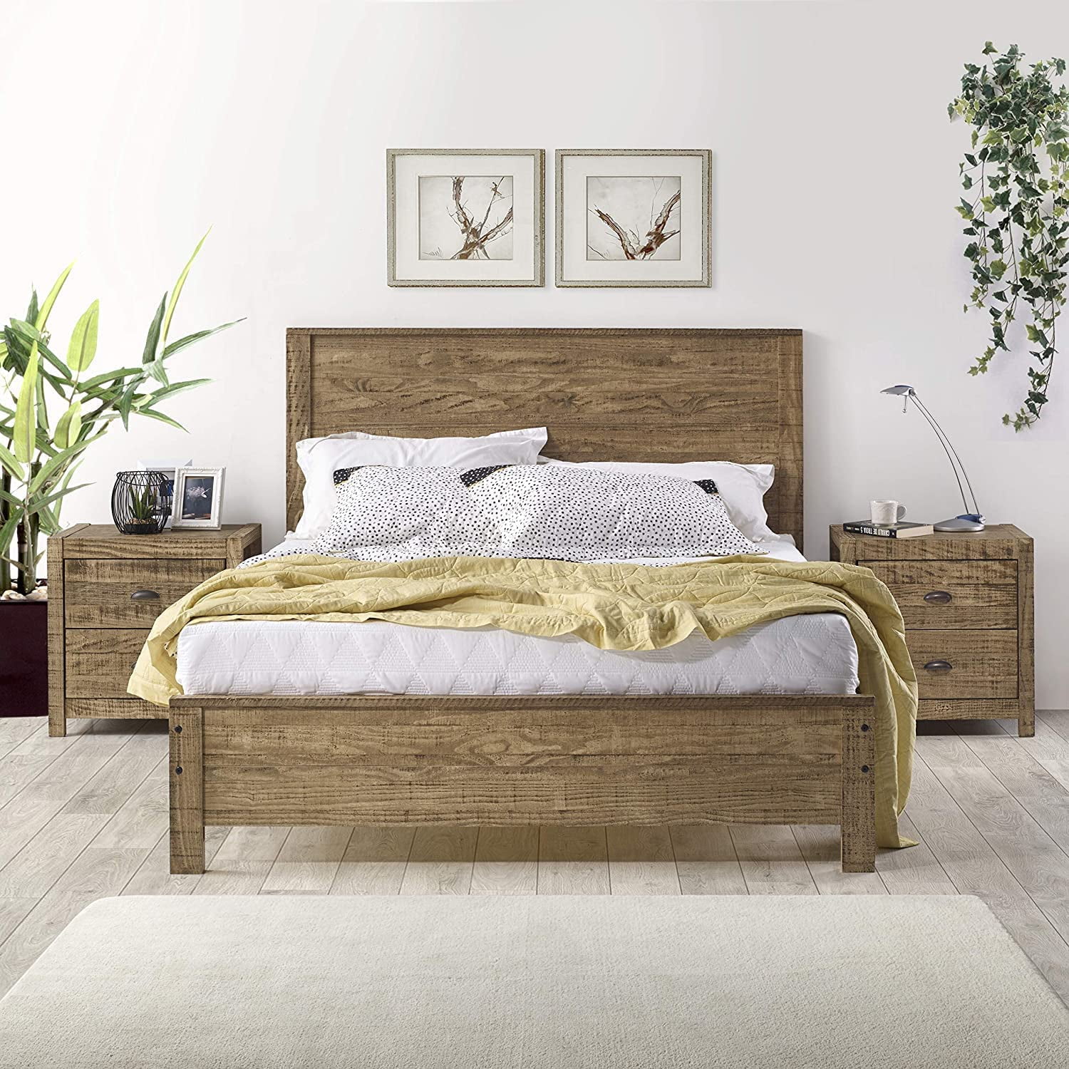 Yes4wood Solid Wood Full Bed Frame with Headboard, Heavy Duty Modern Rustic Full Size Bed Frames