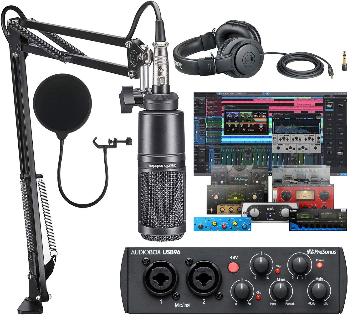 Presonus AudioBox 96 Audio USB 2.0 Recording Interface with Studio One Artist DAW Software with Audio-Technica AT2020 Vocal Microphone Arm Kit for