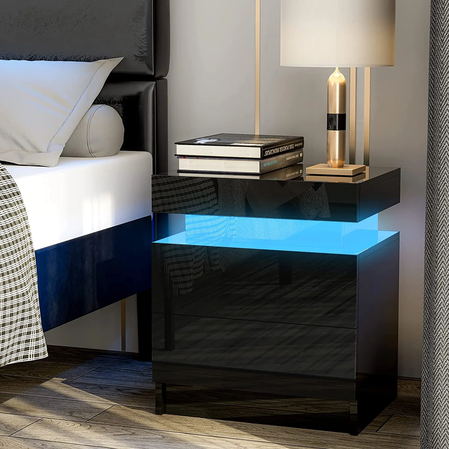 IKIFLY Black Modern LED Nightstand with 2 Drawers/High Gloss Bedside Tables with Changing LED Lights/End Side Table for Bedroom Living Room Furniture