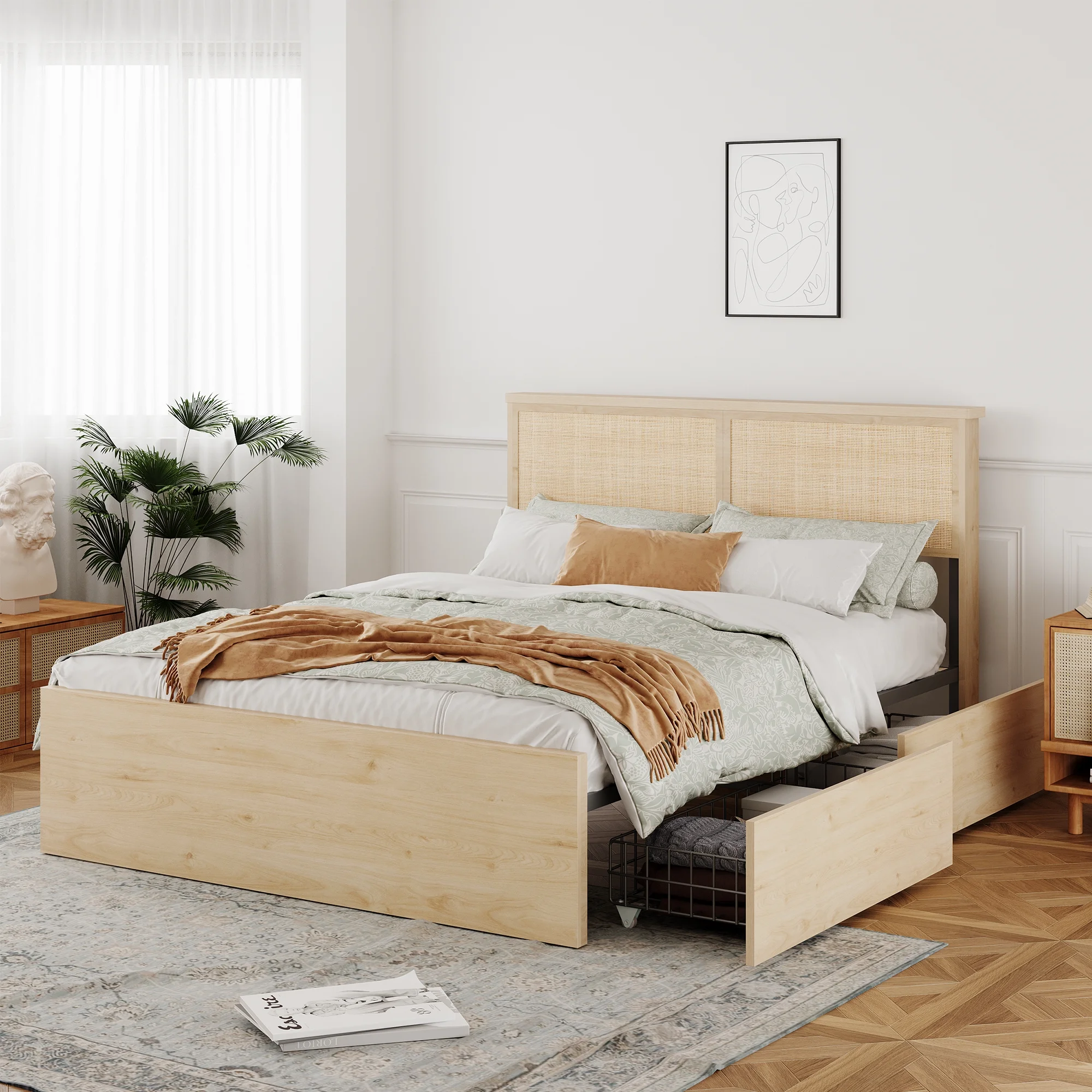 Brafab Natural Rattan Queen Bed Frame with Wooden Headboard and 4 Storage Drawers
