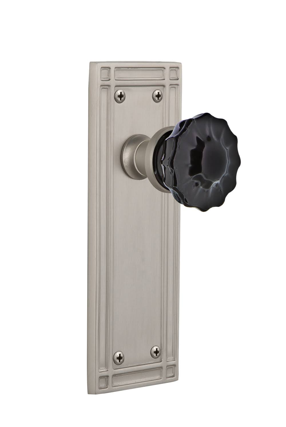 Nostalgic Warehouse Mission Plate Single Dummy Crystal Black Glass Door Knob in Satin Nickel
