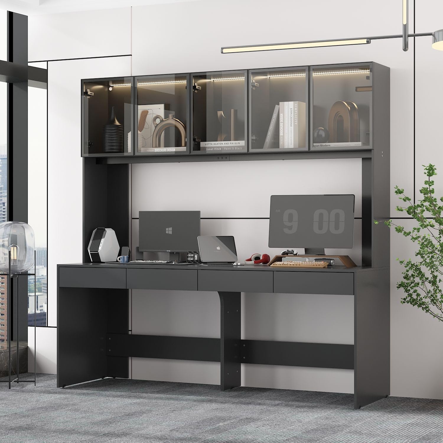 MOUMON Large Office Desk Executive Desk with Glass Doors & Lights, 2-Person Office Desk with 4 Drawers, 78.3 inch Desktop