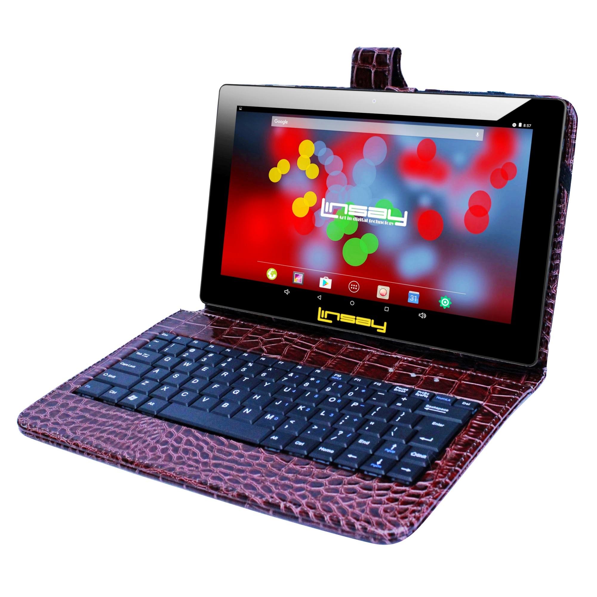 LINSAY 10.1 inch Quad Core 1280 x 800 IPS Screen Tablet 16GB with Brown Crocodile Style Leather Keyboard Case