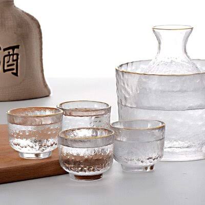 Red Barrel Studio Sake Pot Set, Japanese Cold Sake Glasses, Clear Unique Trendy Floating Design, 1 Sake Carafe Bottle 1 Sake Tan