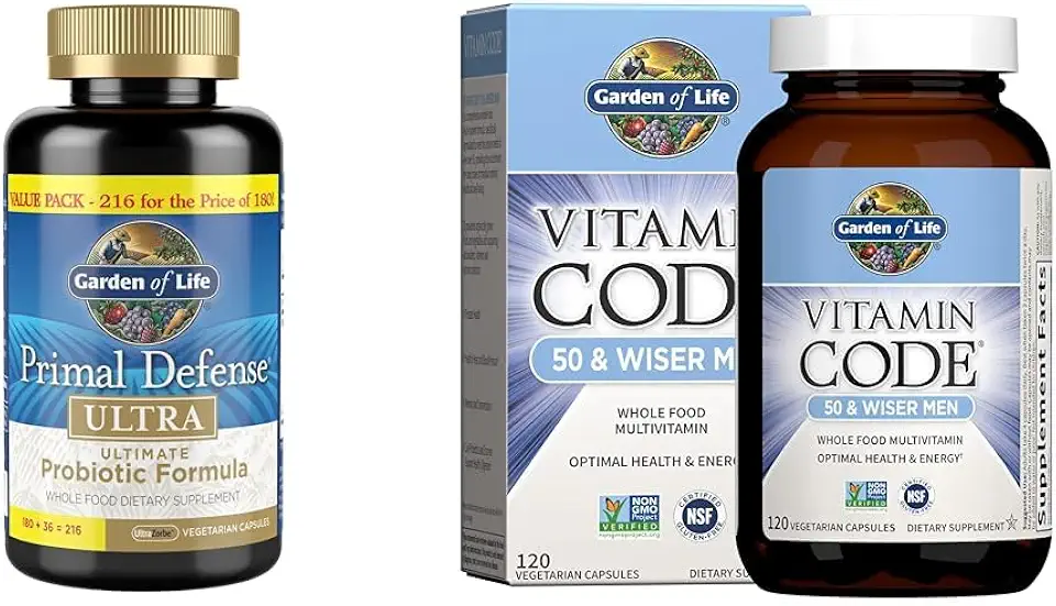 Garden of Life Probiotic and Multivitamin Bundle - Primal Defense Ultra Ultimate Probiotic, 216 Capsules + Vitamin Code 50 & Wiser Men's Multivitamin