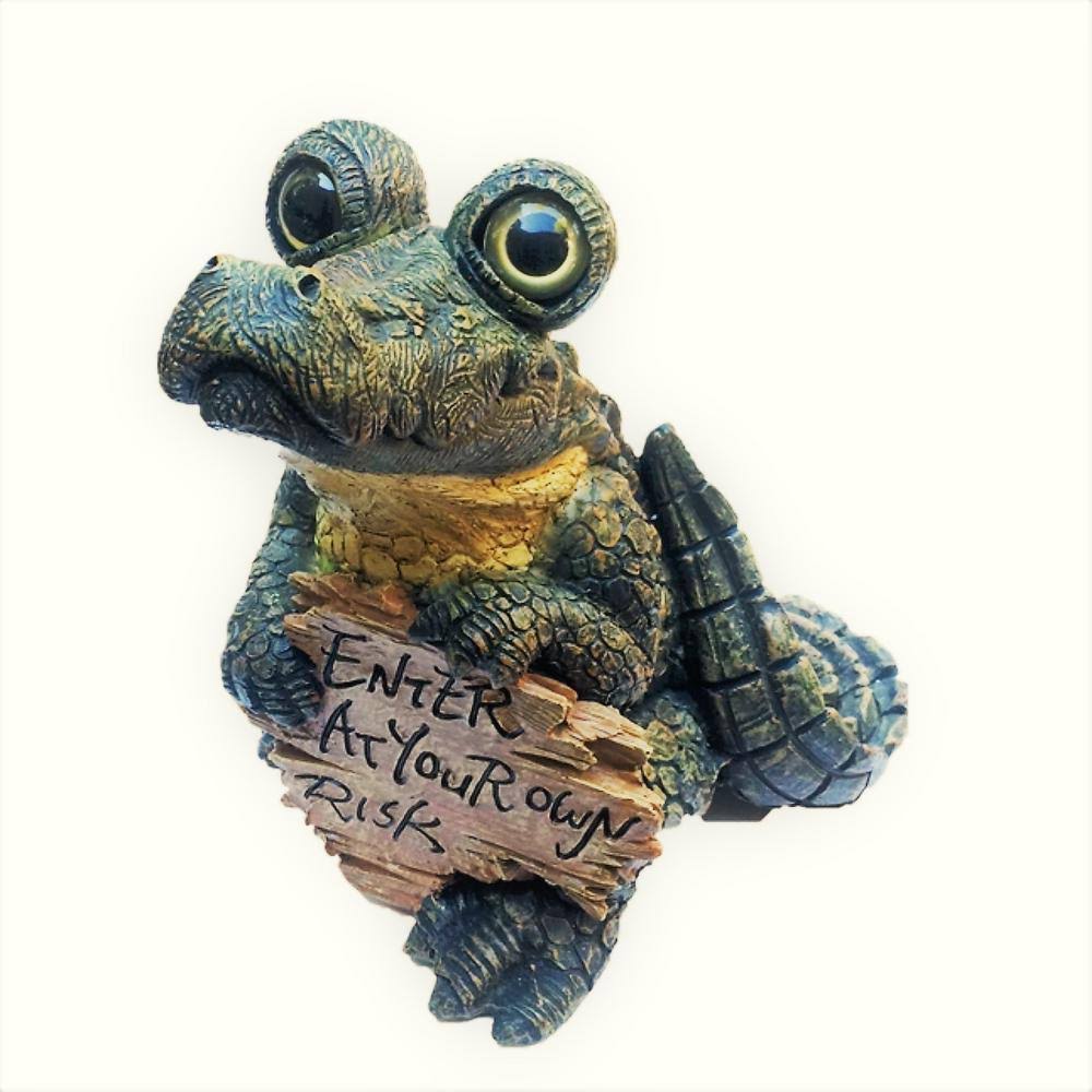 Toad Hollow Extra Large Standing Whimsical Gator with Enter at Your Own Risk Sign Alligator Statue 15x22H