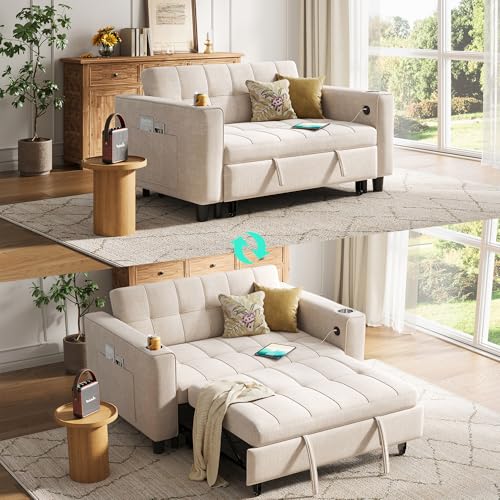LINSY 3-in-1 Convertible Sofa Bed, 54" Pull Out Sleeper Sofa with Charging Station & Cup Holder
