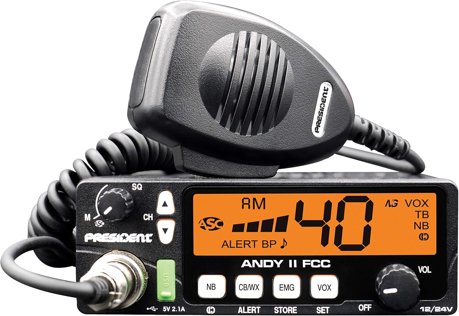 New President Andy II 12/24V FCC CB Radio with Weather Channel/Alert, Scan, USB Port, VOX and Much More!