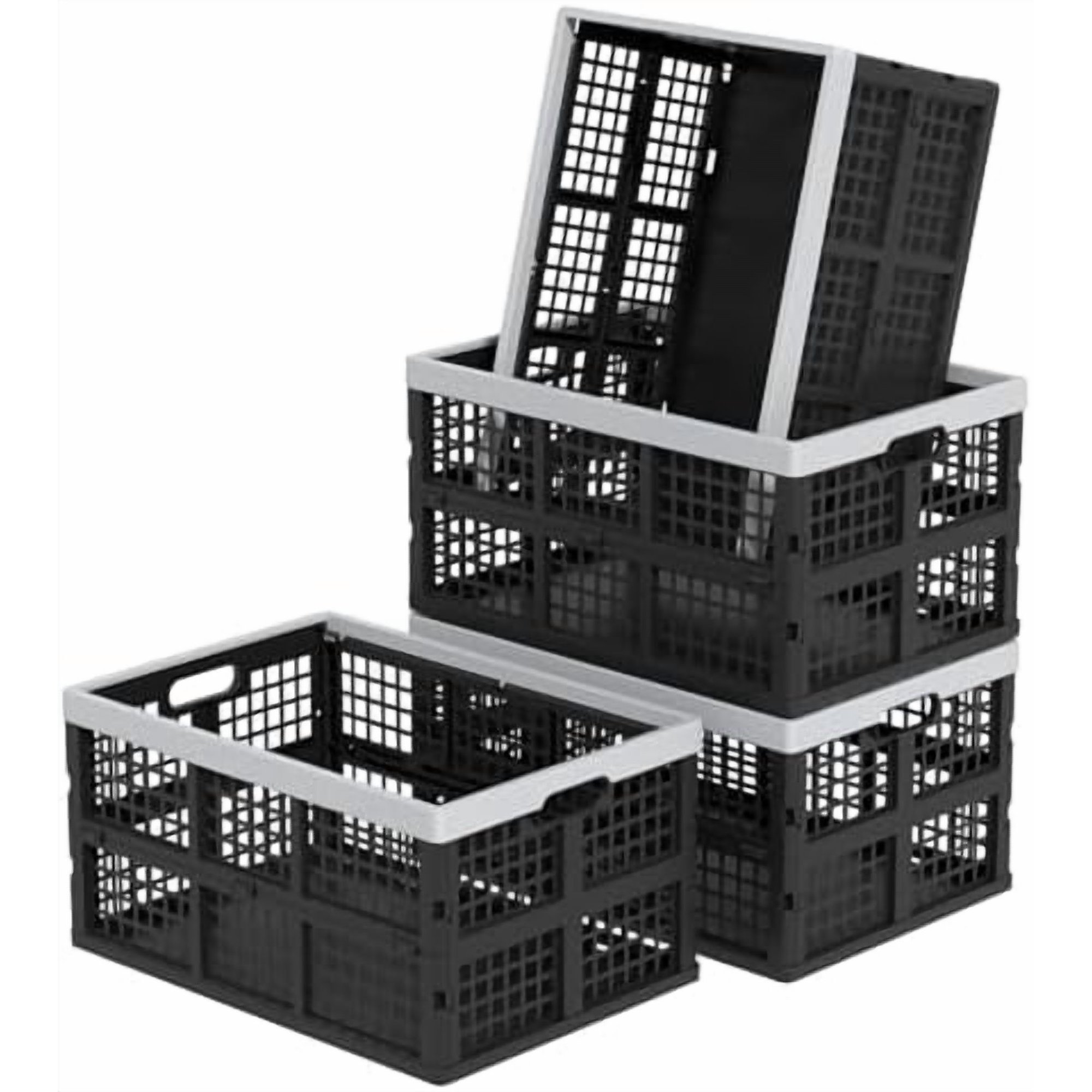 Plastic Collapsible Milk Crates, Collapsible Storage Bins, Foldable Baskets, 42 Liters, Pack of 4 in Black$$Office