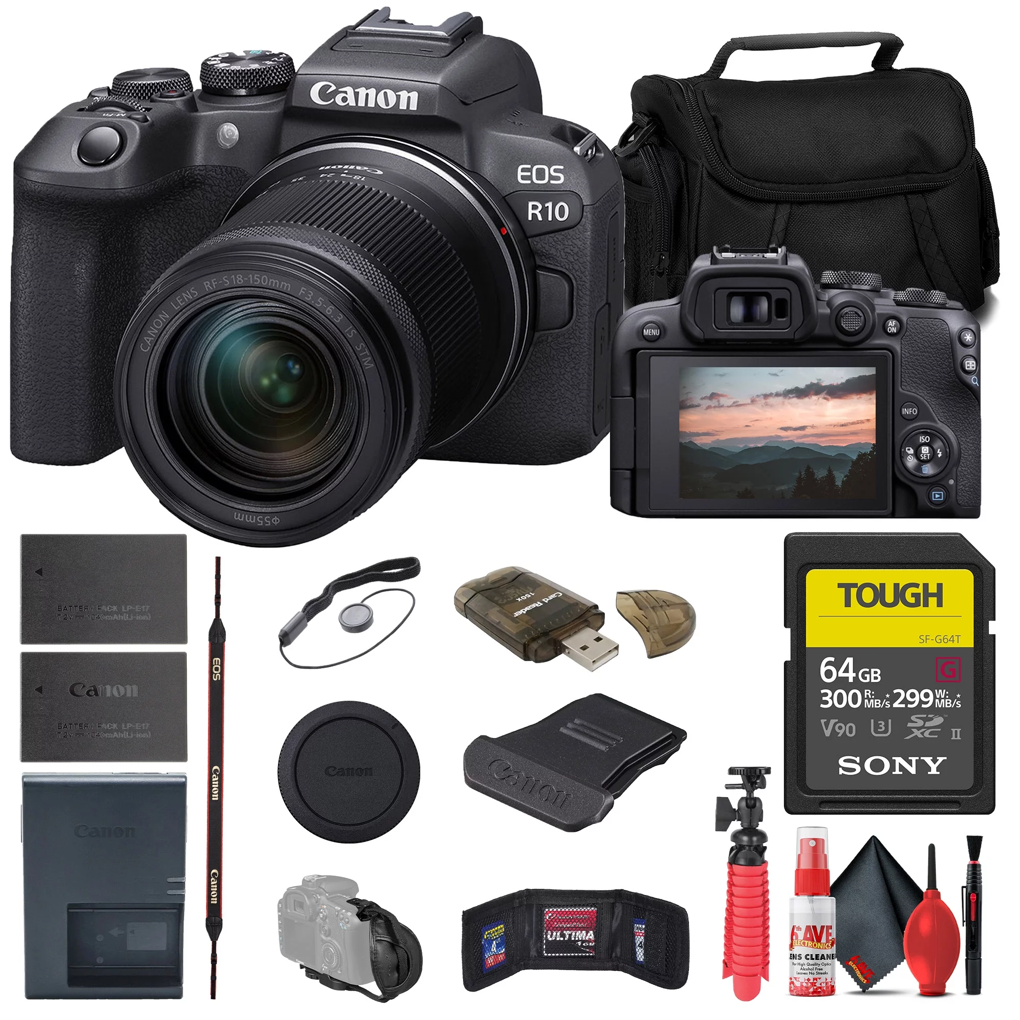 Canon EOS R10 Mirrorless Camera with 18-150mm Lens (5331C016) + Sony 64GB TOUGH SD Card + Bag + Card Reader + Flex Tripod + Hand Strap + Memory